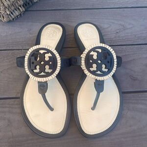 TORY BURCH MILLER FRINGE BLACK/WHITE THONG SANDALS
